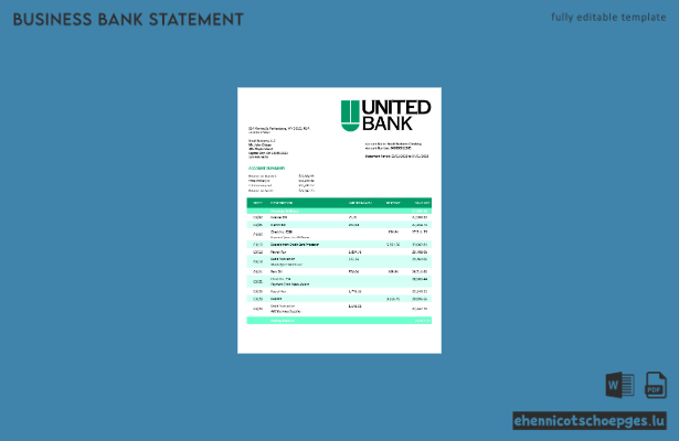 Beispielvorschau eines Kontoauszugs für Unternehmenskonten der United Bank (Word und PDF)
